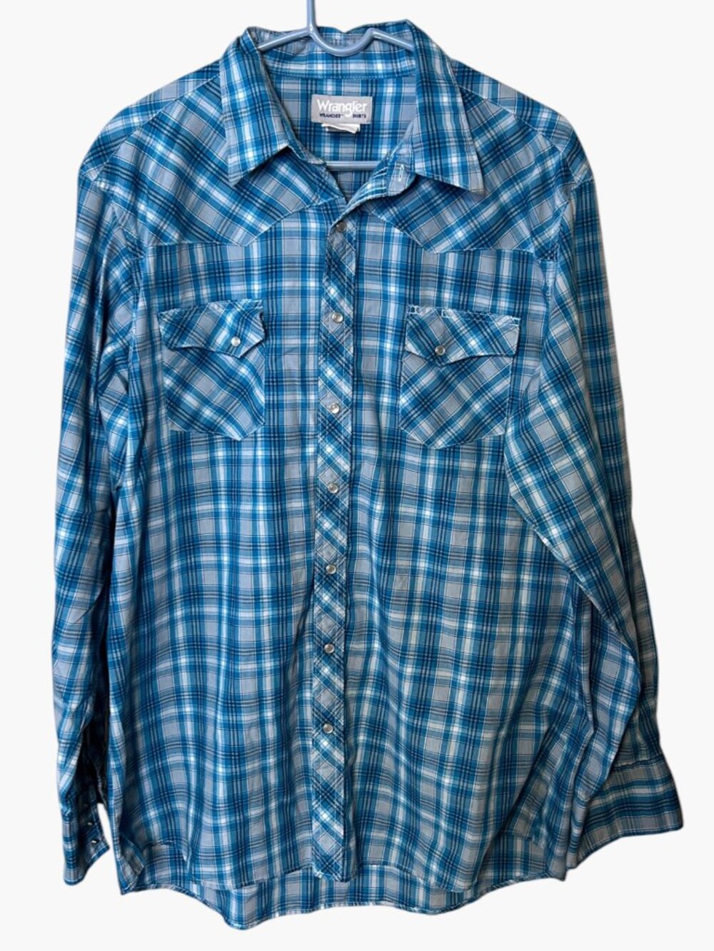 Wrangler Wrancher Pearl Snap Western Shirt Blue White Plaid Long Sleeve Men's XL